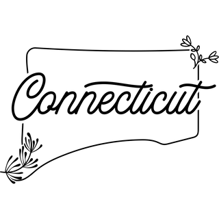 Black text 'Connecticut' with decorative elements on a white background