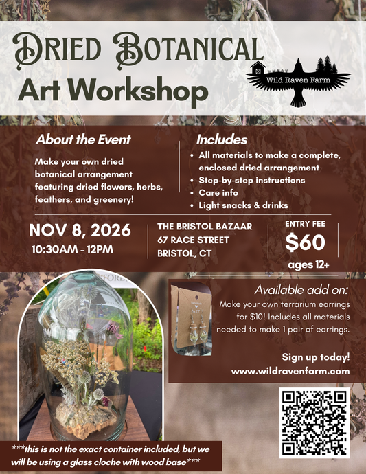 Advertisement for a dried botanical art workshop with event details and a glass cloche display.