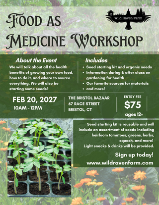 Promotional flyer for a 'Food as Medicine' workshop with gardening imagery and event details.