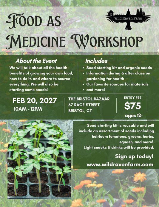Promotional flyer for a 'Food as Medicine' workshop with gardening imagery and event details.