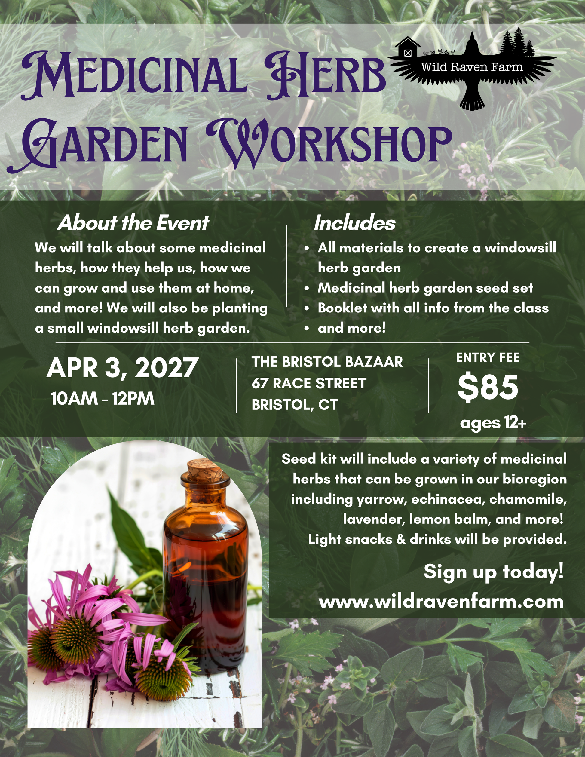 Advertisement for a Medicinal Herb Garden Workshop with details and images of herbs and bottles.