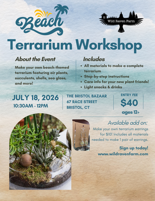 Advertisement for a Beach Terrarium Workshop with event details and a terrarium image.