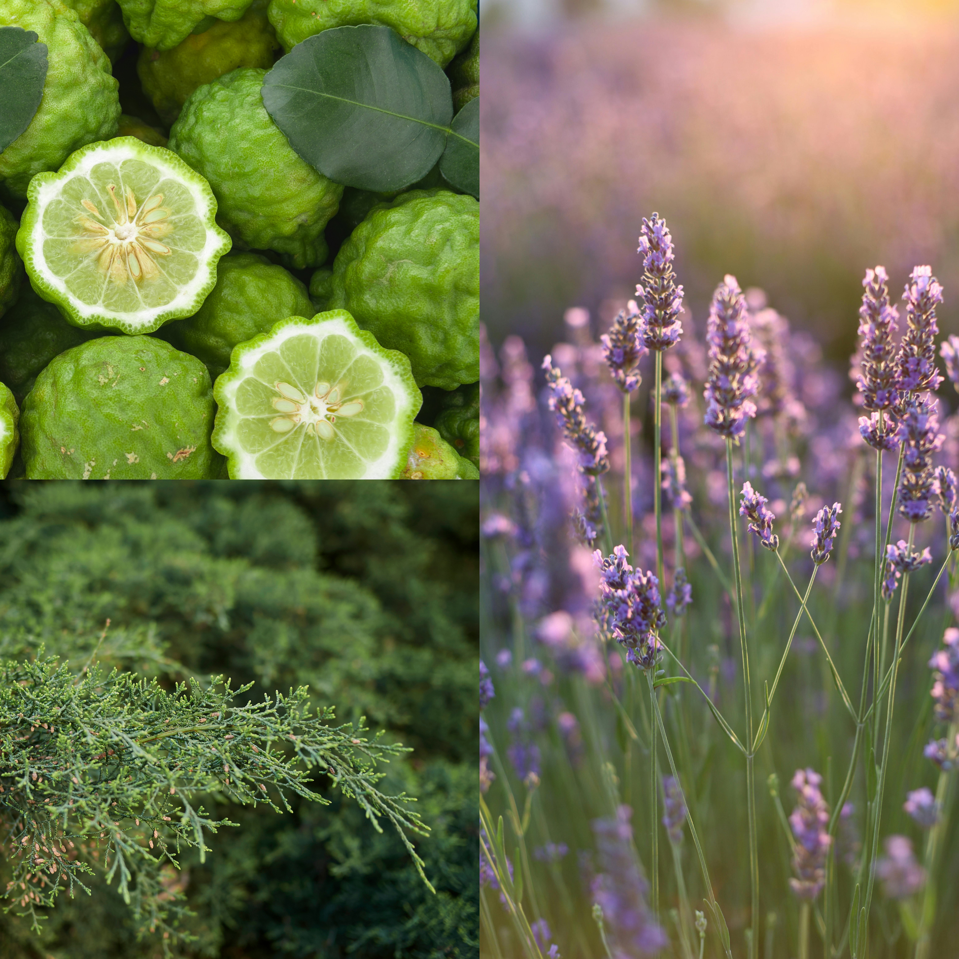 Collage of green limes, green foliage, and lavender flowers.